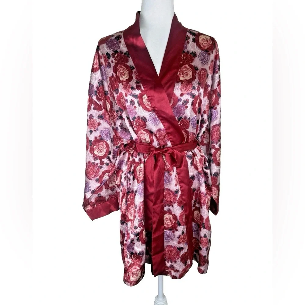 VTG 1980's Faris Red‎ Pink Rose Floral Silky Robe Belted Pockets Small Romantic